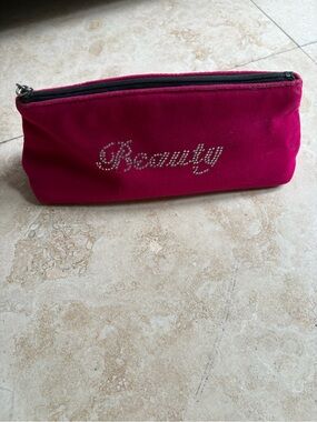 PINK Victoria's Secret Hot Pink Velvet Cosmetic Pouch with Rhinestone 'Beauty'